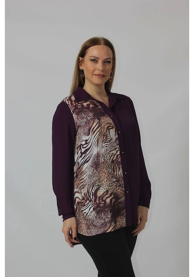 Moda Berray 2320 Leopar Desenli Şifon Gömlek Mürdüm