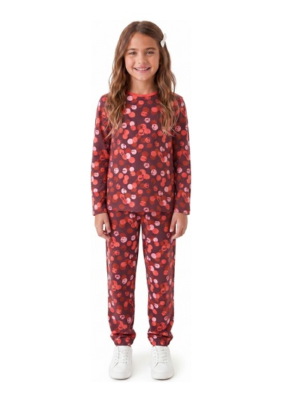 Onloox Kız Çocuk Mürdüm Kız Çocuk Mürdüm Pamuklu Penye Bisiklet Yaka Uzun Kollu Benekli Pijama Takımı 4-8 Yaş