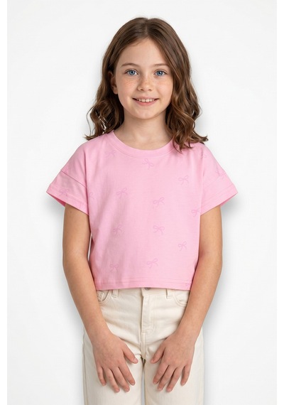 Fullamoda Fiyonk Baskılı Kız Çocuk Crop Tişört Pembe
