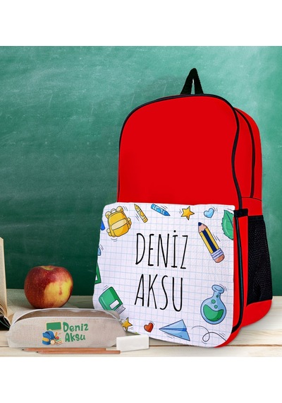 Bk Gift Kişiye Özel İsimli Kırmızı Okul Çantası Ve Kalemlik Hediye Seti-1