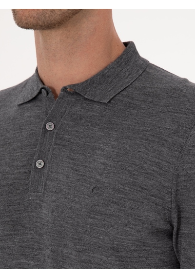 Cacharel Füme Slim Fit Yün Karışımlı Polo Yaka Basic Triko Kazak Gri