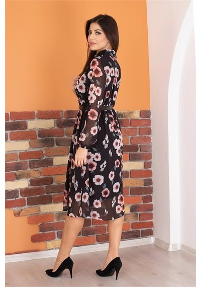 Neşeli Butik Kadın Gömlek Yaka Kemerli Çiçek Desenli Şifon Elbise Ry0031 Mor
