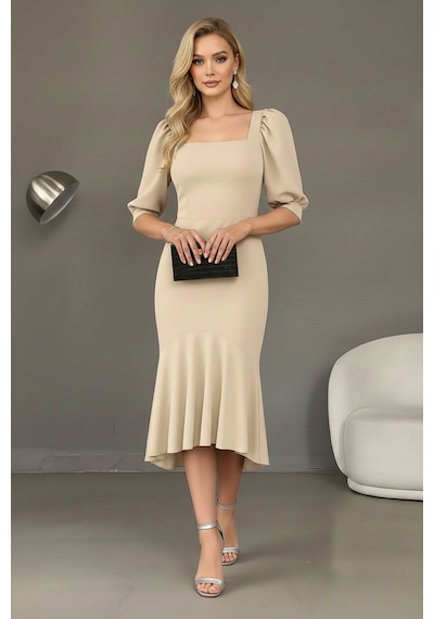 Defymoda Kadın Balık Model Cazibeli Elbise Bej