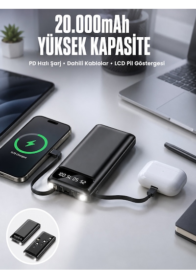 20 000 Mah Dijital Göstergeli Lcd Ekran Uzun Pil Ömrü Yeni Nesil 20000mah Powerbank Siyah