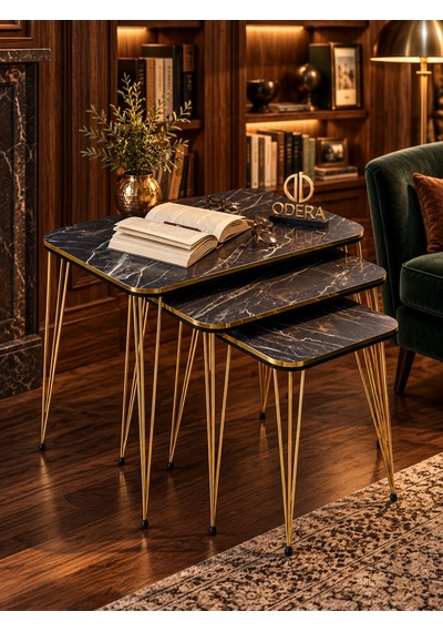 Odera Siyah Mermer Desenli Zigon Sehpa 3'lü Set Siyah- Detaylı Metal Ayaklı Modern Retro Salon Sehpası Diğer