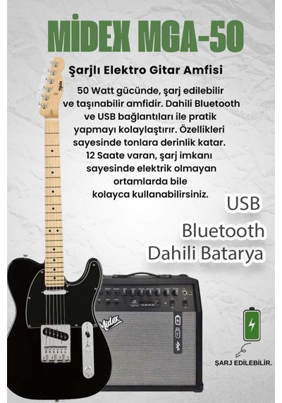 Midex TLX-50BK-50AMP Tele Kasa Maple Klavye 2 Single-Coil 50W Amfili Elektro Gitar