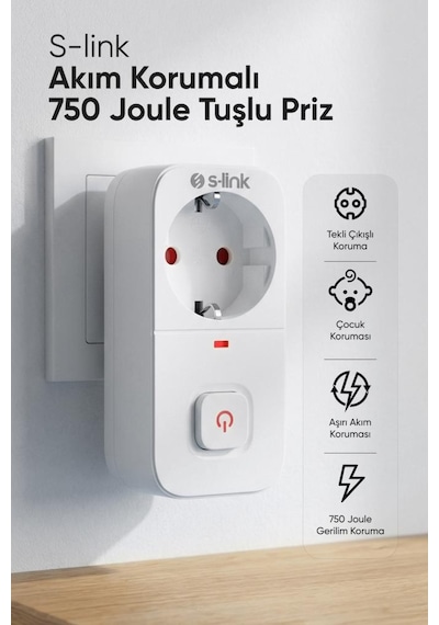 S-link Sl-010 Bykalite 5li Set 16a/250v 750 Joule Anahtarlı Isıya Duyarlı Devre Ve Akım Korumalı Tekli Priz 0.2 M