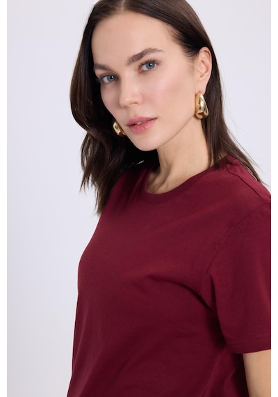 Tudors Kadın Slim Fit Dar Kesim Pamuklu Yumuşak Doku Likralı Esnek Kumaş Basic Bordo Bisiklet Yaka Tişört-37834 Bordo