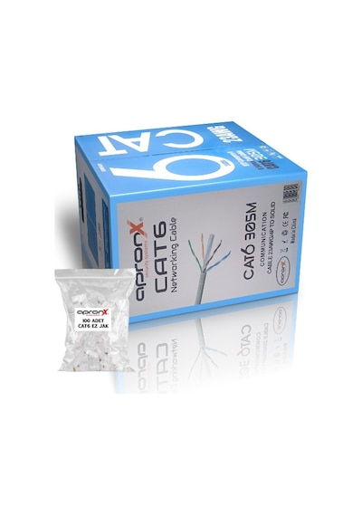 Apronx Cat6 23awg 305 Metre 0,50mm Gri Utp Kablo +100 Adet Ez Jak