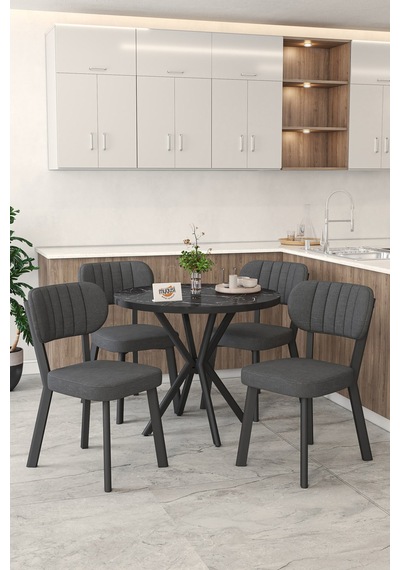 Gnr 90cm Sabit Siyah Mutfak Masası Takımı, Yemek Masası, 4 Modern Antrasit Sandalye Antrasit