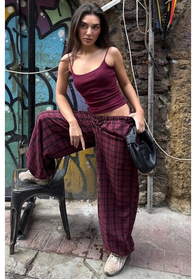 Madmext Bordo Ekose Desenli Yüksek Bel Balon Fit Kadın Pantolon Mg2726