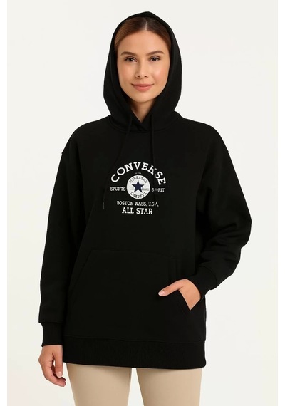 Üç İplik Kapşonlu Ön Ve Arka Baskılı Sweatshirt Hoodie- Siyah Siyah