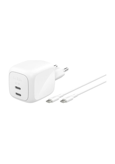 Belkin Wch020kq2mwh-b6 Boostcharge Pro 2-port Usb-c Gan 67w Şarj Adaptörü + Usb-c Kablosu Beyaz