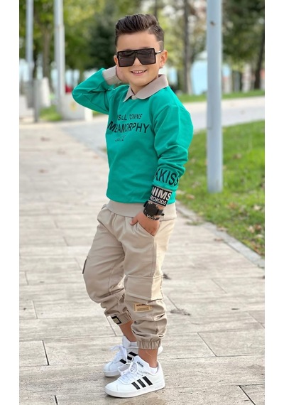 Modavals Gömlek Yaka Sweatshırt Ve Gabardin Kargo Pantolon Erkek Çocuk Kombin Yeşil