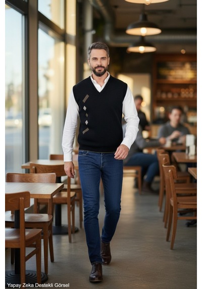 Kamalı Erkek Siyah Tüylenme Yapmayan Anti-pilling Standart Fit Normal Kesim V Yaka Triko Süveter Siyah - Kahverengi