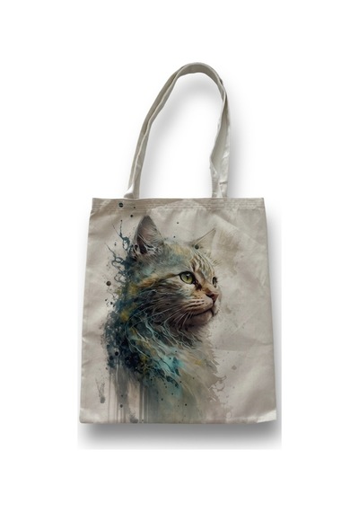 Toz Vintage Kanvas Kedi Desenli Çift Taraf Desenli Bez Omuz Çantası Krem