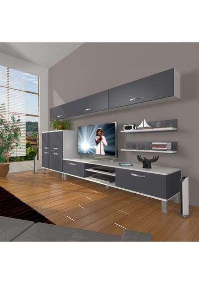 Decoraktiv Eko 8 Mdf Dvd Krom Ayaklı Tv Ünitesi Tv Sehpası Beyaz - Antrasit