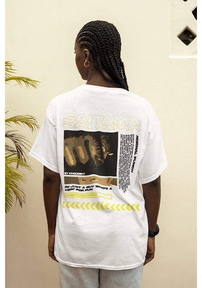 One Punch Man Saitama Sırt Baskılı Unisex Oversize Anime Tişört Beyaz