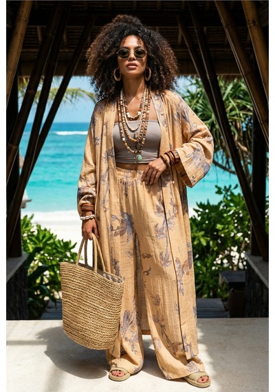 Fashion Cocktail Çiçek Yapraklı Baskılı Oversize Kimono Kaftan Lastikli Pantolon Doğal Gofre Bohem Takım Karamel Fashion Cocktail Çiçek Yapraklı Baskılı Oversize Kimono Kaftan Lastikli Pantolon Doğal Gofre Bohem Takım Karamel