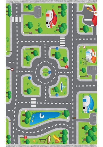 Yeşil Renk Şeritli Yol Çocuk Odası Oyun Halısı Yeşil
