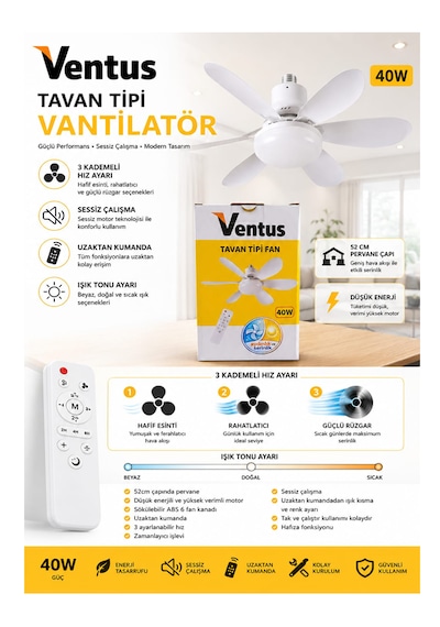 Ventus Sessiz Çalışma 6 Kanat Ve Işıklı Uzaktan Kumandalı Tavan Tipi Vantilatör-tavan Fanı 40w