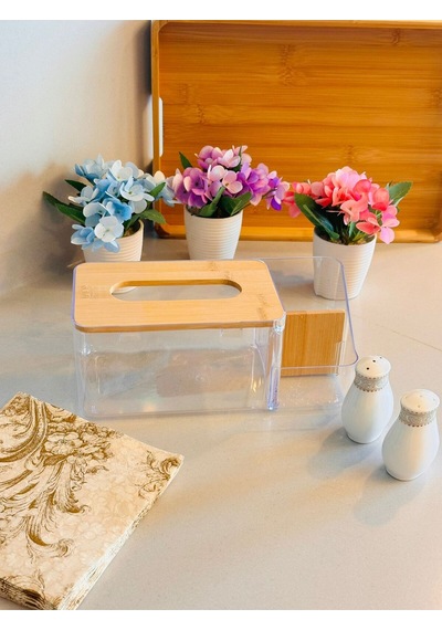 Bambu Kapaklı Plastik Peçetelik Ve Organizer, 25 X 12 X 10 Cm