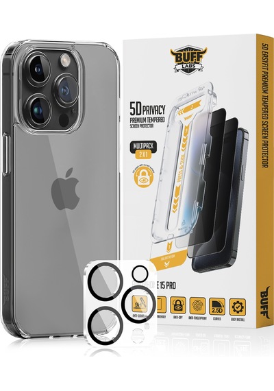 Buff Apple Uyumlu iPhone 15 Pro - Şeffaf Kılıf + Ekran Koruyucu + Lens Koruyucu Privacy