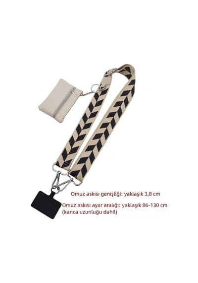 Siyah Beyaz Zigzag Desenli Ayarlanabilir Telefon Ve Çanta Askısı - Çift Fermuarlı Cüzdanlı Kordon Seti