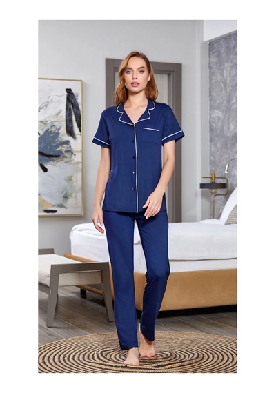 Angbutik Aqua 25526-k Kadın Kısa Kol Önü Düğmeli Pijama Takım lacivert