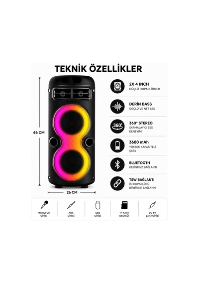 Büyük Boy Şarjlı Rgb Işıklı Hoparlör, 2 Adet 4 Inch Bass Destekli 360 Stereo 3600 Mah Şarjlı Bluetooth Tws U