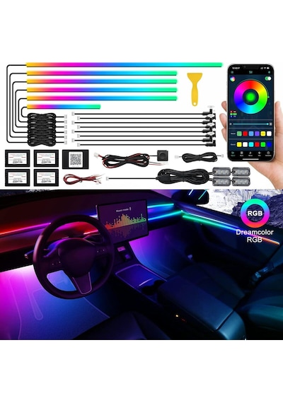 Araç Içi Ambiyans Aydınlatma Sistemi 18 In 1 Rgb Led Bluetooth Destekli - Müzik Ve Ses Duyarlı