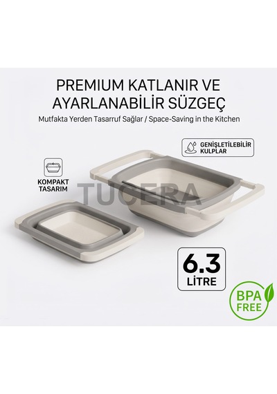Tucera Ayarlanabilir Katlanabilir Lavabo İçi Süzgeç 6.3 Litre Geniş Hacimli Meyve, Sebze Ve Makarna Süzgeci Krem