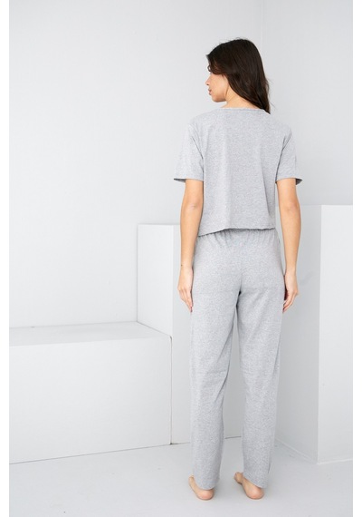 Siyah İnci Bağlamalı Örme Pijama Takım7889 Gri