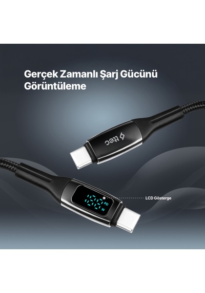 Ttec 2DK57S Alumicable Lcd USB-C – USB-C 100W PD/Qc 150 CM Hızlı Şarj/Data Kablosu Siyah