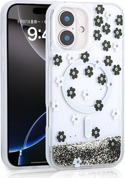Apple Uyumlu iPhone 16 Kılıf Sıvılı Simli Baskılı Şeffaf Arka Yüzey Klfs Mossa Silikon Kapak - Siyah Siyah