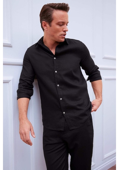 DeFacto %100 Keten Regular Fit Polo Yaka Yazlık Uzun Kollu Siyah Gömlek D9925AX25SPBK81 DeFacto %100 Keten Regular Fit Polo Yaka Yazlık Uzun Kollu Siyah Gömlek D9925AX25SPBK81