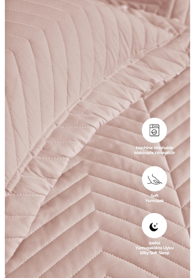Evlen Home Ross %100 Pamuk Yatak Örtüsü Pike Takımı Çift Kişilik Kapitone Çizgili Günlük Yıkanabilir Pudra Pudra