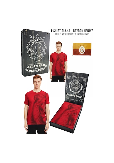 Gsstore Galatasaray Lisanslı Aslan Baskılı Sarı T-shirt Bayrak Ve Lazer Kutu Hediyeli Kırmızı