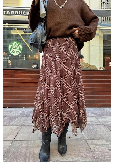 Asur Boutique Asur Butik Kadın Asimetrik Kesim Şifon Astarlı Etek Kahverengi