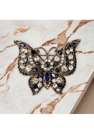 Black Diamond Swarovski Taşlı Kelebek Broş Mavi