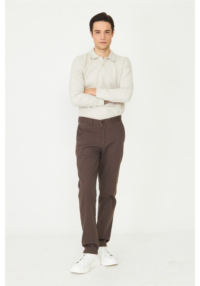 Kahverengi Dokulu Modern Klasik Pantolon VİZON