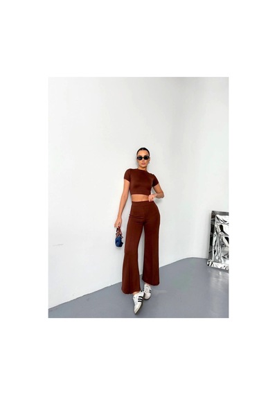 Butik İstanbul Osy Modal Yumuşak Dokulu Kumaş Kısa Kollu Crop Alt Ispanyol Paça Pantalon Ikili Takım - Kahverengi