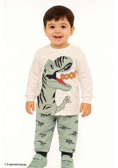 Hümazade Yeşil Dinozorlu 1-3 Yaş Çocuk Pijama Takımı Yeşil