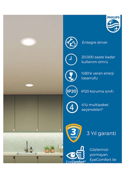 Philips Eridani Dl190b 7w 100mm Delik Çapı 3000k Sarı Işık 500lümen Spot Beyaz