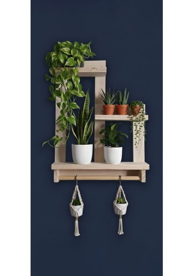 Çift Taraflı Bantlı Matkap Gerektirmeyen Doğal Ahşap Duvar Rafı - 50x40 Cm Diğer