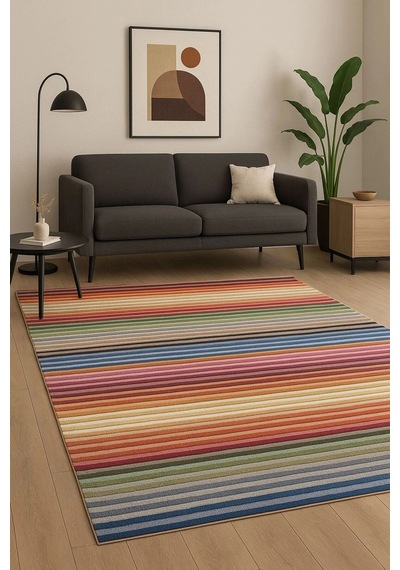 Renkli Çizgiler Modern Halı Dekoratif Kilim Çok Renkli