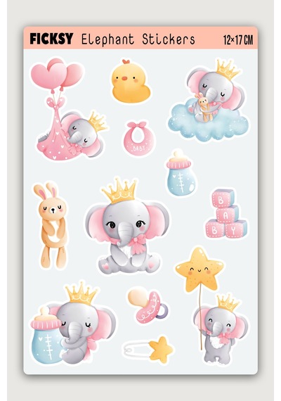 Sevimli Fil Sticker Seti - 12 Adet Etiket Çıkartma Diğer