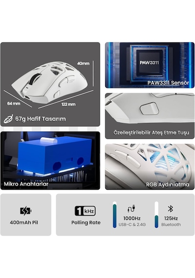 Aula Sc620 Paw3311 Sensör 12000 Dpı 1000hz Kablolu Ve Kablosuz Gaming Oyuncu Mouse Beyaz Sc620