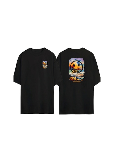 Thewert Unisex Seasıde,smile Ön Arka Baskılı Sıyah Oversize T-shirt Siyah