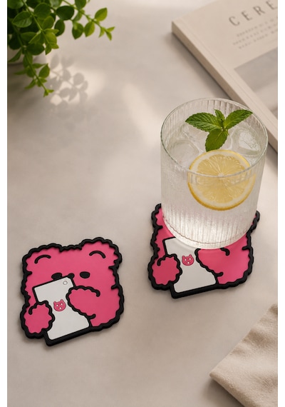 Kemboss Pembe Ayıcıklı Bardak Altlığı 2'li Set - Pvc Kaydırmaz Bardak Altlığı Kahve Kupa Çay Bardağı Altlığı Masa Koruyucu Çok Renkli